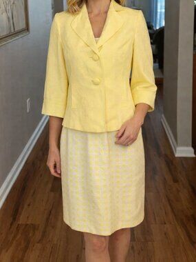 Alex Marie NWOT lemon yellow 2 piece Linen belted dress & blazer suit set, sz 8